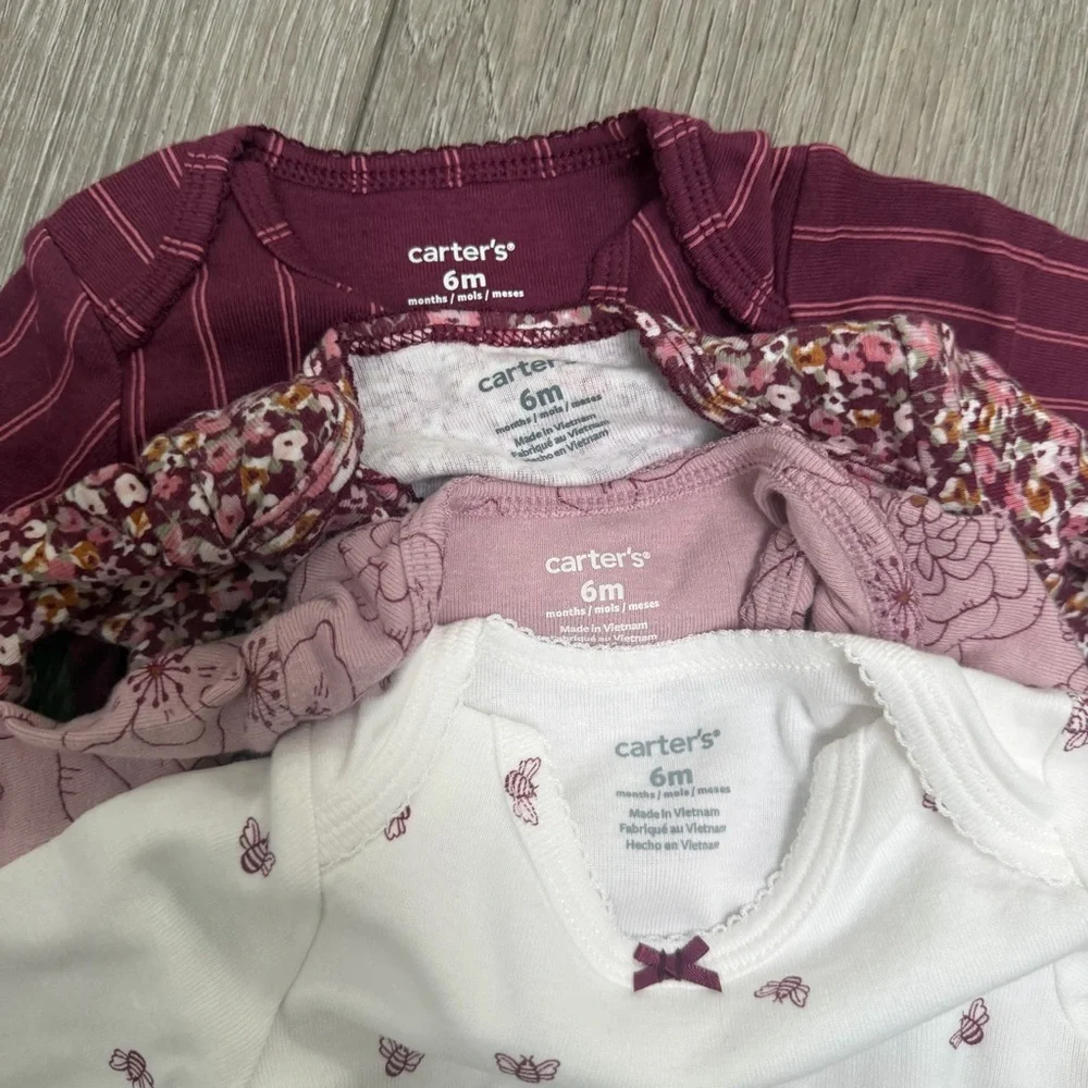 CARTERS 4PC LONG SLEEVE BODYSUIT SET FLORAL PURPLE WHITE 6MO